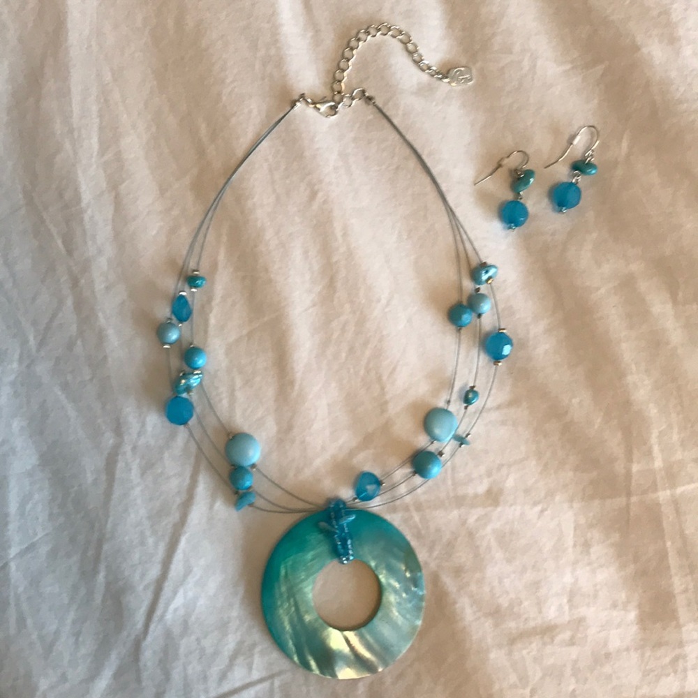 Beaded necklace & earrings, turquoise, adjustable